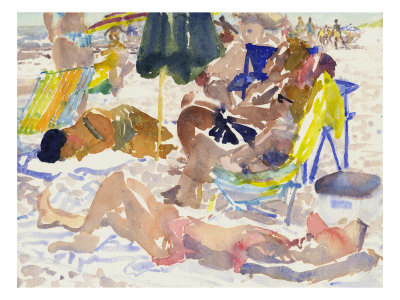 Watercolor Painting Of A Beach Scene And Sunbathers by Images Monsoon Pricing Limited Edition Print image