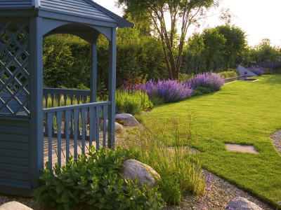 Blue Pergola Beside The Lawn With Border Of Nepeta 'Walkers Low', Designer: Clare Matthews by Clive Nichols Pricing Limited Edition Print image