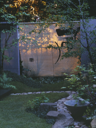 Japanese Garden With Sunlight Coming Through A Screen, (Chelsea 2004) by Clive Nichols Pricing Limited Edition Print image