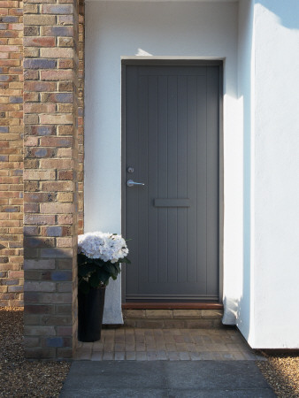 Grey Board Front Door In A Contemporary House - With Flowers, -, Architect: Chris Rudolph by Richard Bryant Pricing Limited Edition Print image