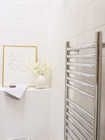 Cool White Tiled Urban Modern Bathroom Towel Rail And Display by Richard Powers Pricing Limited Edition Print image