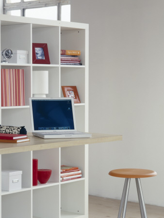 Home Office ,Modern White Grid Shelving And Storage With Desktop And Stool by Richard Powers Pricing Limited Edition Print image