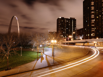 Theatrical Lights Give The Surface Of The Gateway Arch A Night Sheen by Jim Richardson Pricing Limited Edition Print image