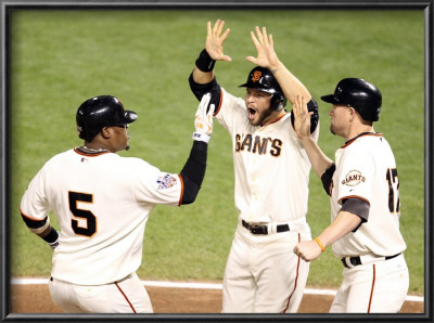 Texas Rangers V San Francisco Giants, Game 1: Juan Uribe, Cody Ross, Aubrey Huff by Christian Petersen Pricing Limited Edition Print image