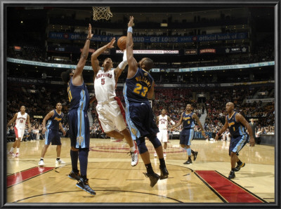 Denver Nuggets V Toronto Raptors: Jerryd Bayless, Shelden Williams And Nene by Ron Turenne Pricing Limited Edition Print image