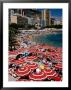 Overhead Of Red Sun Umbrellas At Larvotto Beach On Busy Summer's Day, Monte Carlo, Monaco by Dallas Stribley Limited Edition Print