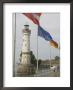 Harbour Lighthouse And Lion, Austrian German And Eu Flags, Lindau, Bavaria, Lake Constance, Germany by James Emmerson Limited Edition Pricing Art Print