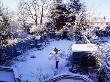 Trachycarpus Fortunei, Gazebo, Blue Decorative Fencing, Greenhouse And Seat In The Snow by Clive Nichols Limited Edition Print