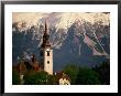 The Belfry Of The Church Of The Assumption On Bled Island And The Julian Alps, Gorenjska, Slovenia by Jon Davison Limited Edition Print