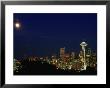 Skyline At Night With Moon And Space Needle Tower Seattle, Washington, Usa by Rob Blakers Limited Edition Print