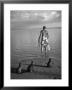 Triped Tabby Cats On Beach As Man Goes Into Water To Catch Fish With Net On Society Island by Carl Mydans Limited Edition Print