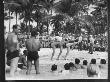 Trio Of Chorus Girls In Swimsuits, Doing High-Kicks, For Navy Personne, On A Uso Tour Stopover by Peter Stackpole Limited Edition Print