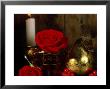 Lit White Candle In Gold Holder With Two Red Roses, Ilex Berries & Gold Pear Christmas Ornament by James Guilliam Limited Edition Print