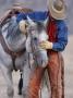 Cowboy Leading And Stroking His Horse, Flitner Ranch, Shell, Wyoming, Usa by Carol Walker Limited Edition Print