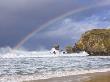 Sea Stacks, Rainbow, Stormy Clouds And Rough Seas On A Windy Afternoon At Dalmore Bay On The Isle O by Lizzie Shepherd Limited Edition Pricing Art Print