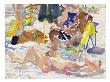 Watercolor Painting Of A Beach Scene And Sunbathers by Images Monsoon Limited Edition Print